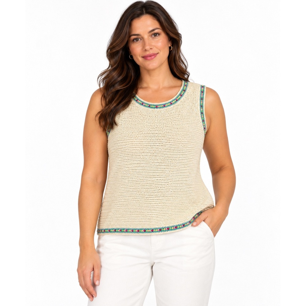 Escada Womens Cream Open Knit Crochet Trim Sleeveless Top Size 38 Cotton Rayon